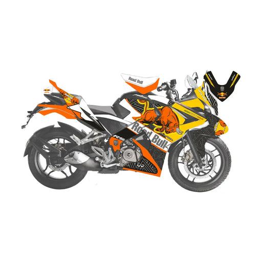 Bajaj Pulsar 2015 - 2022 RS200 Orange & Yellow Road Bull Graphic Kit Decal Wrap Sticker Set Bikerz Kingdom